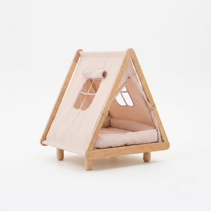 Caseta Calma para Gatos y Perros Pequeños con Cama Acolchada — Madera Natural y Tejido de Algodón