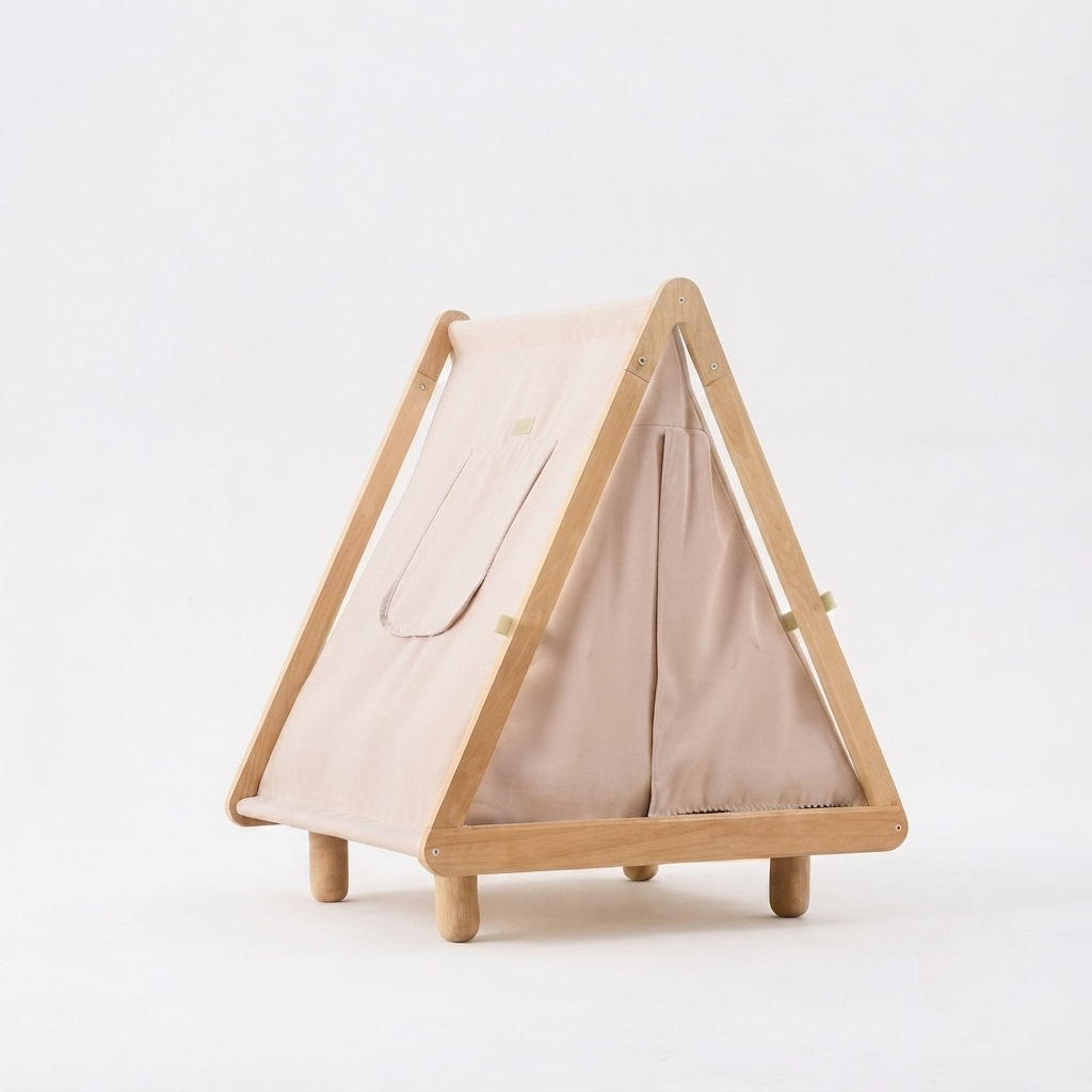 Caseta Calma para Gatos y Perros Pequeños con Cama Acolchada — Madera Natural y Tejido de Algodón