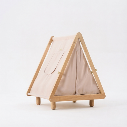 Caseta Calma para Gatos y Perros Pequeños con Cama Acolchada — Madera Natural y Tejido de Algodón