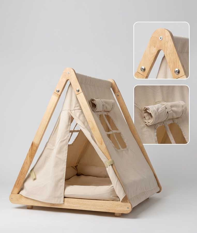 Caseta Calma para Gatos y Perros Pequeños con Cama Acolchada — Madera Natural y Tejido de Algodón