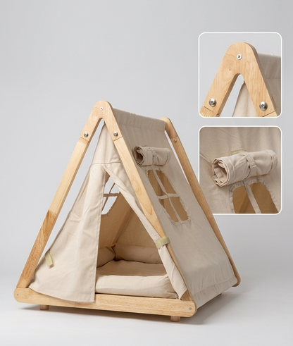 Caseta Calma para Gatos y Perros Pequeños con Cama Acolchada — Madera Natural y Tejido de Algodón