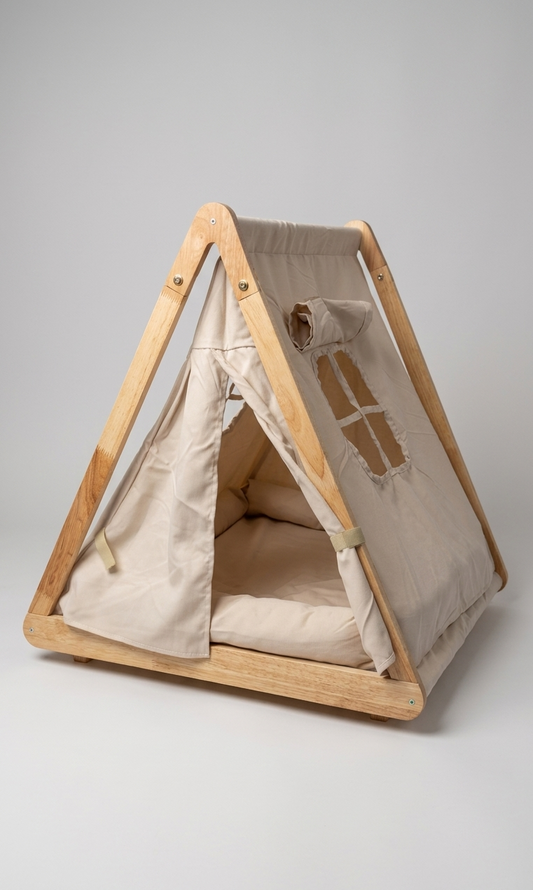 Caseta Calma para Gatos y Perros Pequeños con Cama Acolchada — Madera Natural y Tejido de Algodón