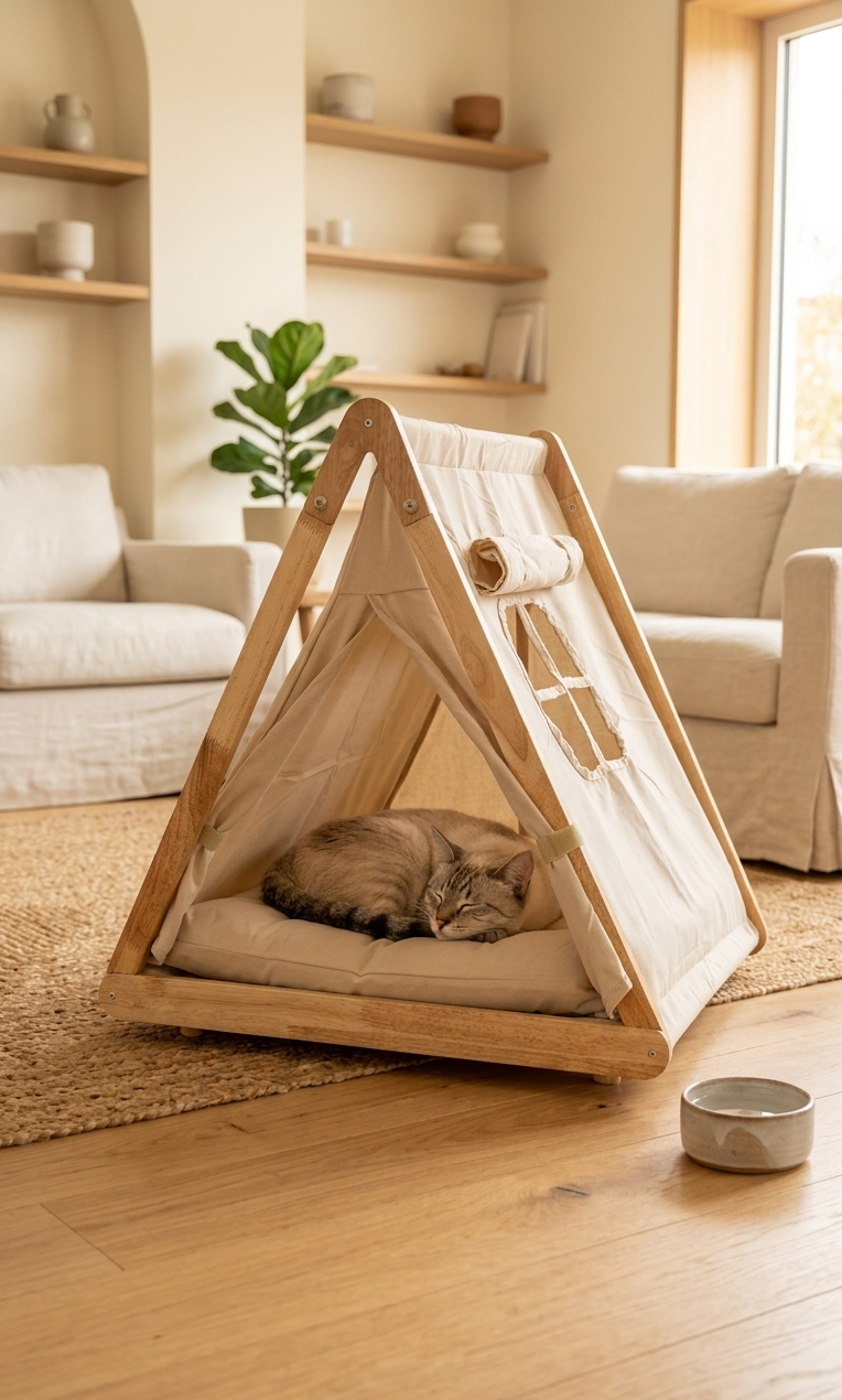 Caseta Calma para Gatos y Perros Pequeños con Cama Acolchada — Madera Natural y Tejido de Algodón